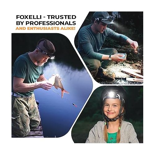  Foxelli Rechargeable Headlamp Flashlight - Super Bright LED Head Lamp for Running, Camping, Hiking & Work, Lightweight Comfortable Head Light for Adults and Kids