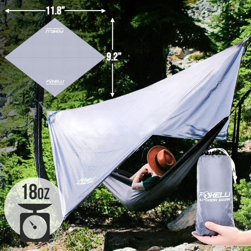  Foxelli Rain Tarp  Lightweight, Portable, Waterproof 12 Camping Tarp, Easy Set Up with Included Extra Long Guy Lines & Stakes - Perfect Rain Fly for Hammock