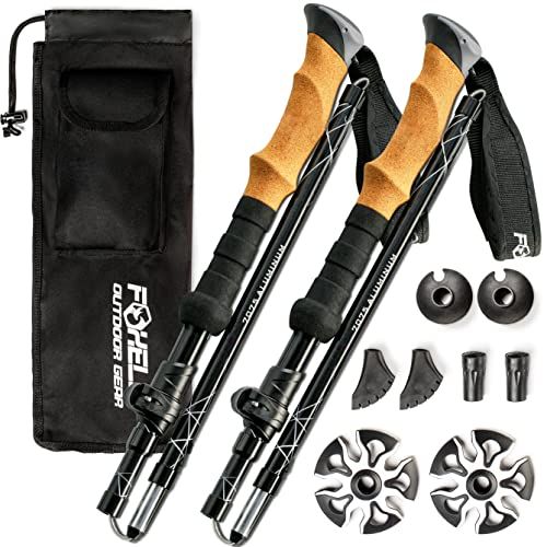  Foxelli Folding Trekking Poles  Ultra Compact, Lightweight & Durable Aluminum 7075 Collapsible Hiking Poles with Natural Cork Grips, Quick Locks, 4 Season All Terrain Accessories