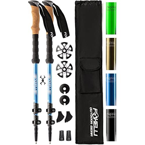  Foxelli Trekking Poles ? 2-pc Pack Collapsible Lightweight Hiking Poles, Strong Aircraft Aluminum Adjustable Walking Sticks with Natural Cork Grips and 4 Season All Terrain Accesso