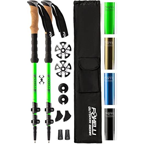  Foxelli Trekking Poles ? 2-pc Pack Collapsible Lightweight Hiking Poles, Strong Aircraft Aluminum Adjustable Walking Sticks with Natural Cork Grips and 4 Season All Terrain Accesso