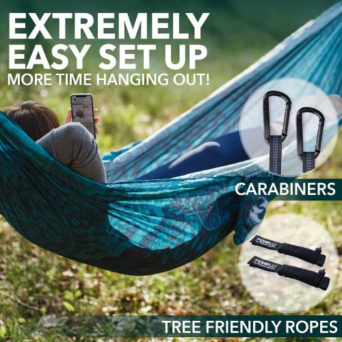  Foxelli Camping Hammock ? Lightweight Parachute Nylon Portable Hammock with Tree Ropes and Carabiners, Perfect for Outdoors, Backpacking, Hiking, Camping, Travel, Beach, Backyard &