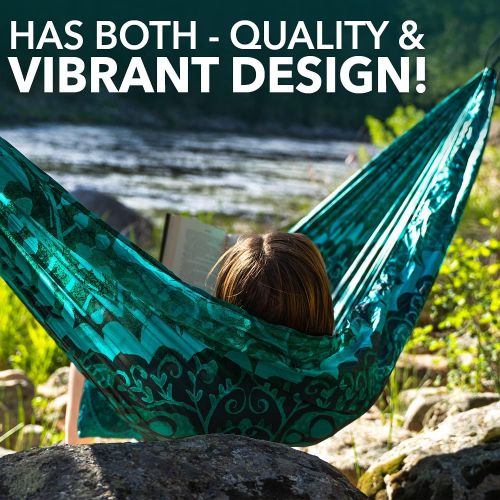  Foxelli Camping Hammock ? Lightweight Parachute Nylon Portable Hammock with Tree Ropes and Carabiners, Perfect for Outdoors, Backpacking, Hiking, Camping, Travel, Beach, Backyard &
