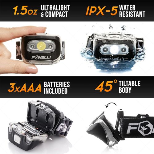  Foxelli LED Headlamp Flashlight - for Adults & Kids, Running, Camping, Hiking Head Lamp with White & Red Light, Lightweight Waterproof Headlight with Comfortable Headband, 3 AAA Ba