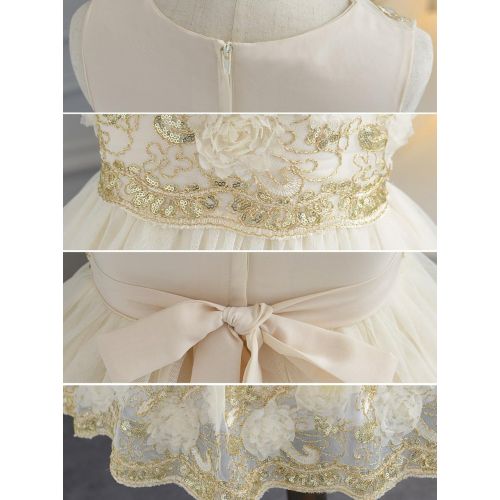  Foxjoy Ruffles Lace Bow Flower Tulle Princess Formal Wedding Birthday Party Dress for Toddler Baby Girl