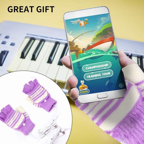  [아마존베스트]Fpxnb 2 Pairs USB Heated Gloves for Men and Women, USB 2.0 Powered Stripes Heating Pattern Knitting Wool Heating Mittens Hands Warmer Fingerless Washable Design Winter Gift(Purple&Pink)