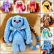 /Etsy Knitted hare Plush bunny and necklace Gift to the kid Handmade Soft toy Knitted toy Crochet