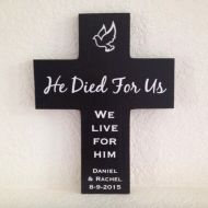 /Frameyourstory He died for us - we live for him - Personalized Pine Wood Cross with Dove, gift for Easter, personalize cross