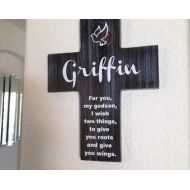 Frameyourstory Godson Cross Personalized with his name Dove (Roots & Wings) Baptism, Easter, Birthday, First communion, gift for boy Blue