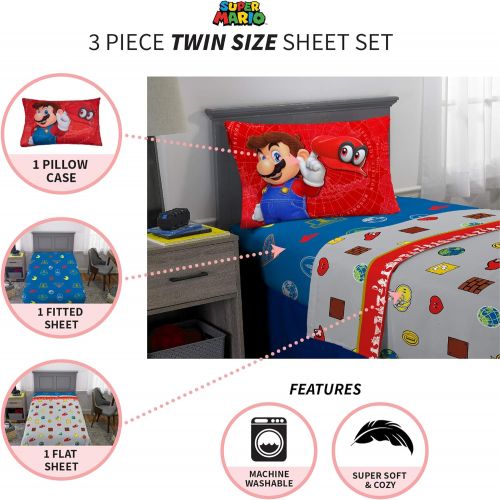 닌텐도 Franco Kids Bedding Soft Sheet Set, 3 Piece Twin Size, Super Mario Odyssey