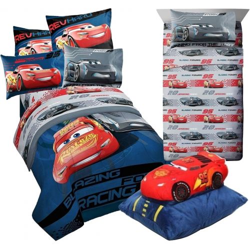  Franco Disney Cars 3~6pcs Twin Size Comforter Set (Comforter, Pillow Sham & 3pc Sheet Set) + Lightning McQueen Plush Pillow