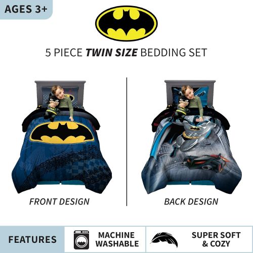  [아마존베스트]Franco Kids Bedding Super Soft Comforter with Sheets and Cuddle Pillow Bedroom Set, 5 Piece Twin Size, Batman