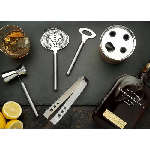  Francois et Mimi Stainless Steel Cocktail Bar Tool Kit Set; Includes Ice Tongs, Double Jigger with Handle, Strainer, and Bar Key/Bottle Opener with Storage Rack