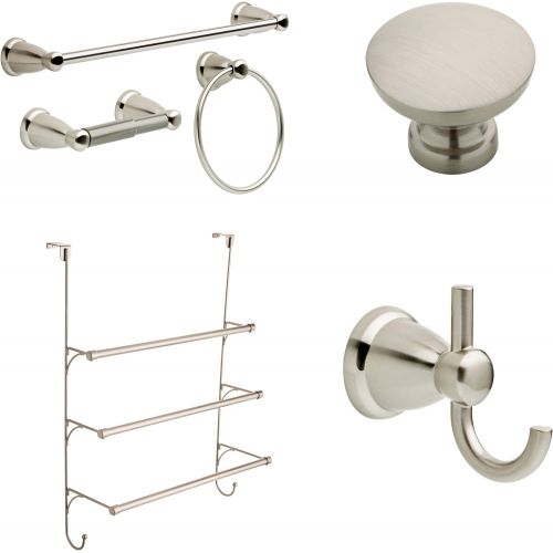  Franklin Brass Kinla 3-Piece Bath Hardware Towel Bar Accessory Set, Satin Nickel and Triple Towel Rack with Hooks and Kinla Robe Hook and Flat Top Round Knob