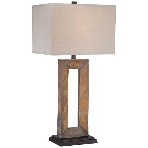  Franklin Iron Works Rustic Table Lamp Natural Slate Off White Rectangular Shade for Living Room Family Bedroom Bedside Nightstand
