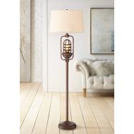 Hobie Industrial Floor Lamp with Nightlight LED Vintage Edison Bulb Oil Rubbed Bronze Linen Fabric Drum Shade for Living Room Reading - Franklin Iron Works