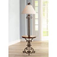Traditional Floor Lamp with Table Iron Rust Scroll Wooden Off White Flared Bell Shade for Living Room Reading - Franklin Iron Works