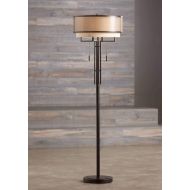 Alamo Modern Floor Lamp Industrial Bronze Sheer Brown Organza and Linen Double Drum Shade for Living Room Reading - Franklin Iron Works