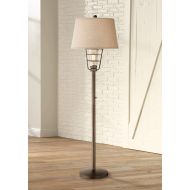 Industrial Floor Lamp with Nightlight LED Edison Bronze Burlap Drum Shade for Living Room Reading Bedroom - Franklin Iron Works