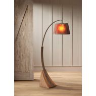 Oak River Mission Arc Floor Lamp Dark Rust Metal Pole Oak Wooden Base Natural Mica Shade for Living Room Reading Bedroom - Franklin Iron Works