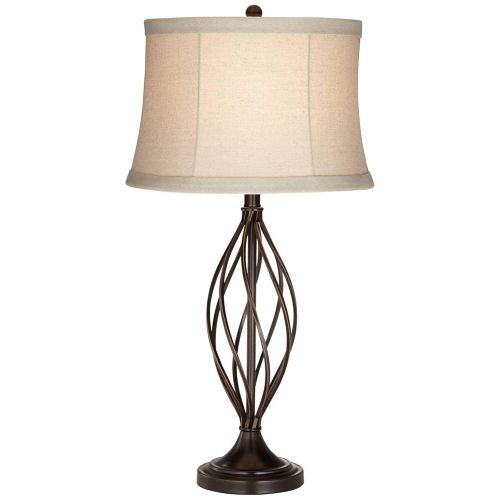  Liam Table Lamp Iron Deep Bronze Open Twist Tan Bell Drum Shade for Living Room Family Bedroom Bedside Nightstand - Franklin Iron Works