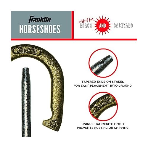  Franklin Sports Horseshoes Sets - Metal Horseshoe Game Sets for Adults + Kids - Official Weight Steel Horseshoes - Beach + Lawn Horseshoes Sets - Sets Include (4) Horseshoes and (2) Ground Stakes