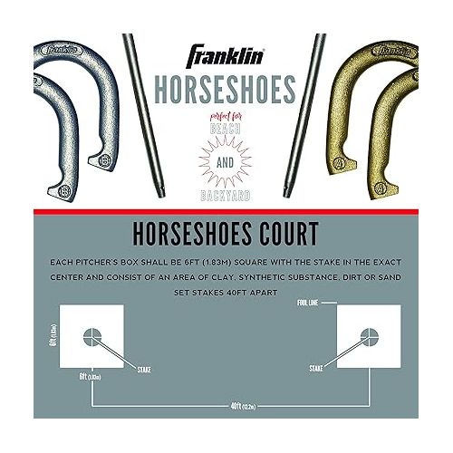  Franklin Sports Horseshoes Sets - Metal Horseshoe Game Sets for Adults + Kids - Official Weight Steel Horseshoes - Beach + Lawn Horseshoes Sets - Sets Include (4) Horseshoes and (2) Ground Stakes