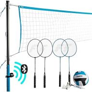 Franklin Sports Beach + Backyard Volleyball Set + Badminton Set with Speaker - Bluetooth Net + Pole Set - with Pump, Bluetooth Speakers + Carry Bag Included