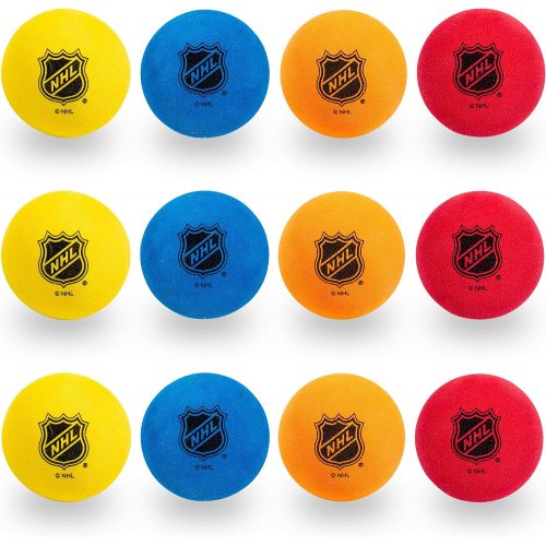  Franklin Sports Knee Hockey Balls - Indoor Mini Foam Hockey Balls for Kids - 12 Soft Foam Hockey Balls - Assorted Colors - Drawstring Bag