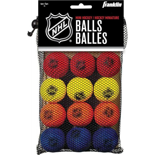  Franklin Sports Knee Hockey Balls - Indoor Mini Foam Hockey Balls for Kids - 12 Soft Foam Hockey Balls - Assorted Colors - Drawstring Bag