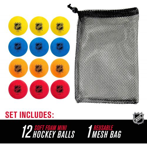  Franklin Sports Knee Hockey Balls - Indoor Mini Foam Hockey Balls for Kids - 12 Soft Foam Hockey Balls - Assorted Colors - Drawstring Bag