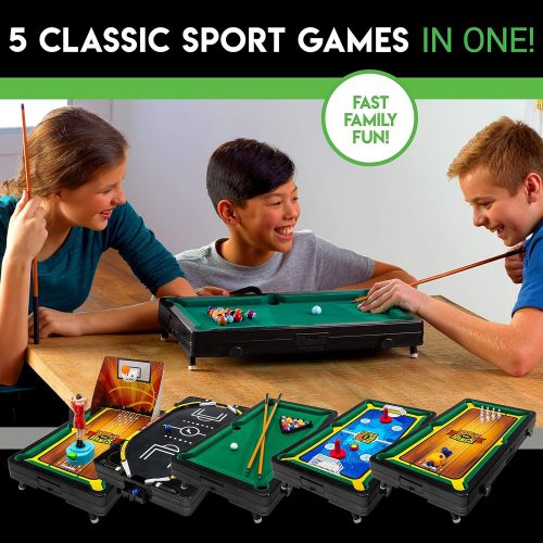  Franklin Sports Table Top Sports Game Set - 5-in-1 Sports Center Indoor Sports Games - Tabletop Soccer, Basketball, Hockey, Bowling + Pool