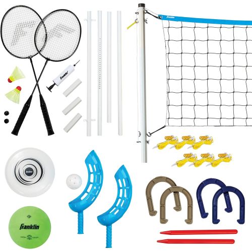  Franklin Sports Fun 5 Combo Outdoor Game Set - Backyard, Beach + Camping Games for Kids - Badminton, Volleyball, Flip Toss, Flying Disc - Horseshoes or Ring Toss