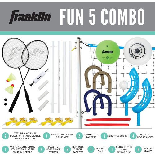  Franklin Sports Fun 5 Combo Outdoor Game Set - Backyard, Beach + Camping Games for Kids - Badminton, Volleyball, Flip Toss, Flying Disc - Horseshoes or Ring Toss