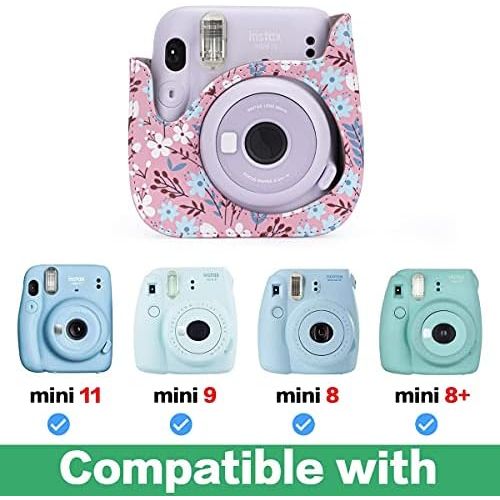  Frankmate Protective & Portable Case Compatible with fujifilm instax Mini 11/9 / 8/8+ Instant Film Camera with Accessory Pocket and Adjustable Strap (Flowers Pink)