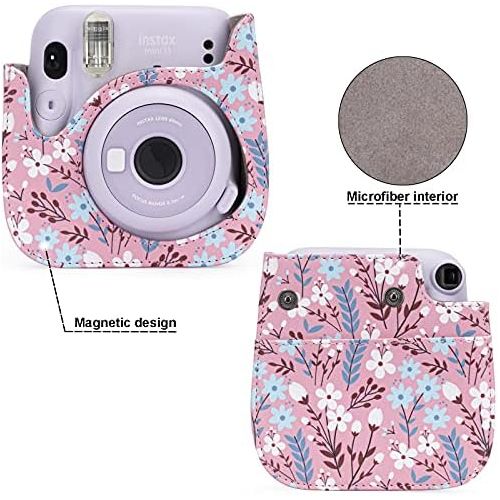  Frankmate Protective & Portable Case Compatible with fujifilm instax Mini 11/9 / 8/8+ Instant Film Camera with Accessory Pocket and Adjustable Strap (Flowers Pink)