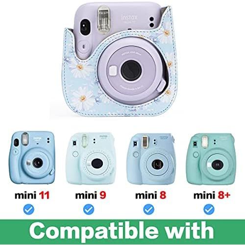  Frankmate Protective & Portable Case Compatible with fujifilm instax Mini 11/9 / 8/8+ Instant Film Camera with Accessory Pocket and Adjustable Strap (Flowers Light Blue)