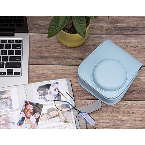  Frankmate PU Leather Camera Case Compatible with Fujifilm Instax Mini 11 Instant Camera with Adjustable Strap and Pocket (Light Blue)