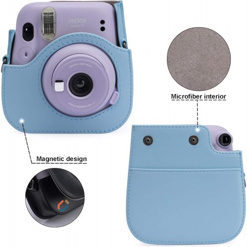  Frankmate PU Leather Camera Case Compatible with Fujifilm Instax Mini 11 Instant Camera with Adjustable Strap and Pocket (Light Blue)