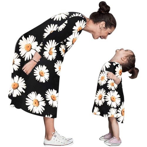  Franterd Parent-Child Mini Dress Mommy&Daughter Sunflower Pocket Dress Mommy and Me Family Matching Clothes Outfits