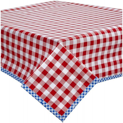  Freckled Sage Oilcloth Products Large Red Gingham Oilcloth Tablecloth with Blue Gingham Trim You Pick The Size!