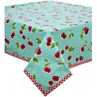 Freckled Sage Oilcloth Products Freckled Sage Cherry Aqua Oilcloth Tablecloth with Red Gingham Trim You Pick the Size