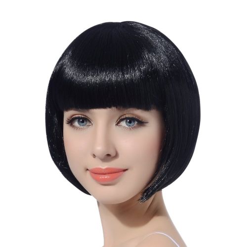  Free beauty Black Short Bob Cosplay Flapper Wig-Synthetic Costume Womens Natural Looking Halloween Party Christmas Bangs Wigs