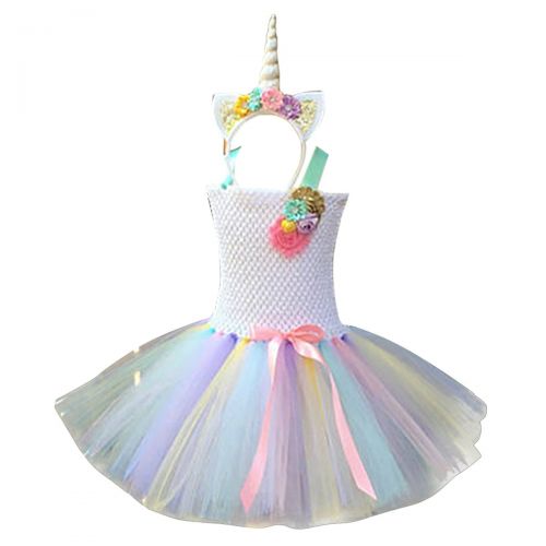  Freebily Girls Cartoon Un-icorn Costume Flower Rainbow Dress Skirt Pageant Princess Birthday Halloween Party Outfits