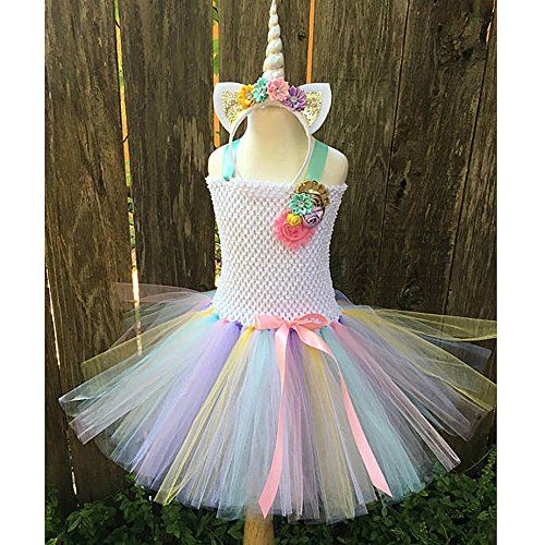  Freebily Girls Cartoon Un-icorn Costume Flower Rainbow Dress Skirt Pageant Princess Birthday Halloween Party Outfits