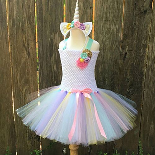  Freebily Girls Cartoon Un-icorn Costume Flower Rainbow Dress Skirt Pageant Princess Birthday Halloween Party Outfits