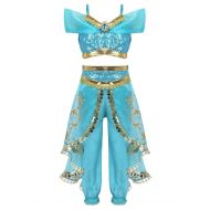 Freebily Kids Girls Princess-Jasmine Costumes Sequins Crop Top with Ruffles Pants Halloween Cosplay Party