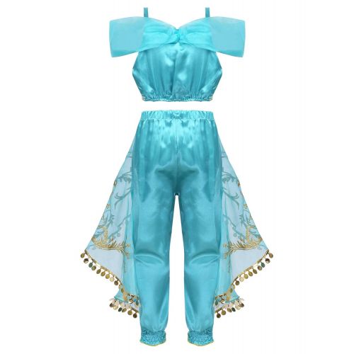  Freebily Kids Girls Princess-Jasmine Costumes Sequins Crop Top with Ruffles Pants Halloween Cosplay Party