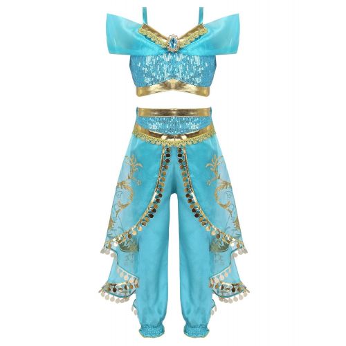  Freebily Kids Girls Princess-Jasmine Costumes Sequins Crop Top with Ruffles Pants Halloween Cosplay Party