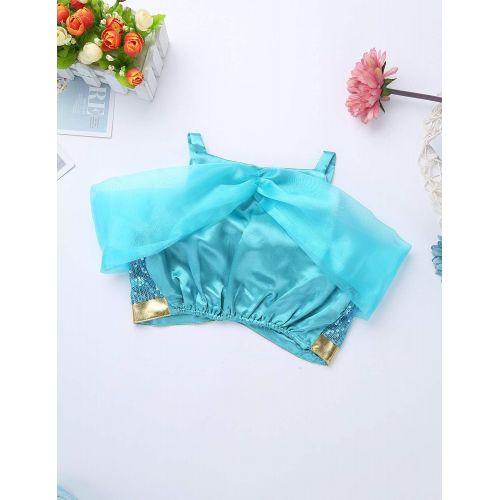  Freebily Kids Girls Princess-Jasmine Costumes Sequins Crop Top with Ruffles Pants Halloween Cosplay Party